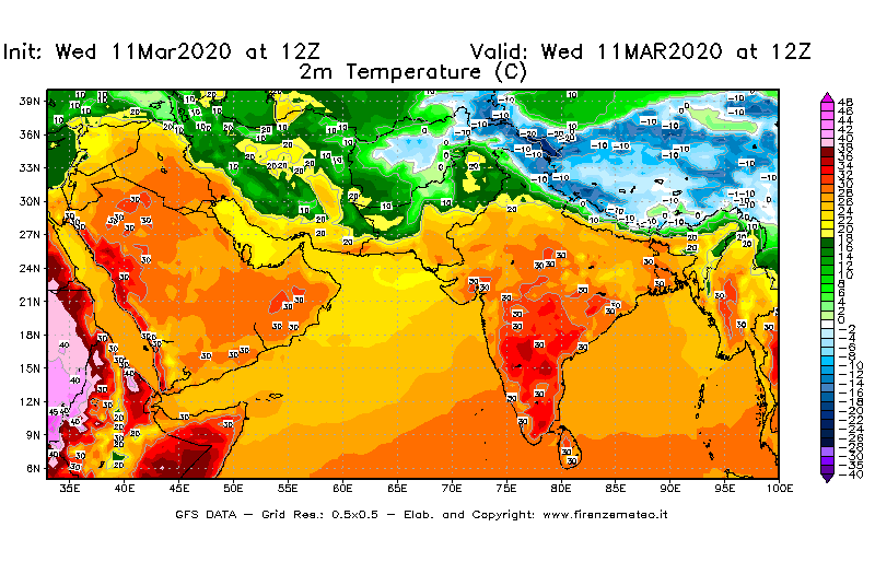 Mappa di analisi GFS - Temperatura a 2 metri dal suolo [°C] in Asia Sud-Occidentale
							del 11/03/2020 12 <!--googleoff: index-->UTC<!--googleon: index-->