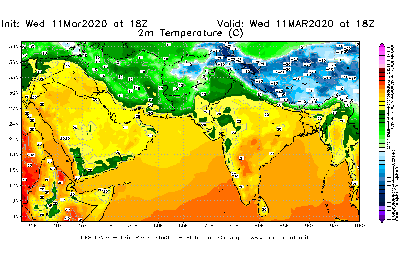 Mappa di analisi GFS - Temperatura a 2 metri dal suolo [°C] in Asia Sud-Occidentale
							del 11/03/2020 18 <!--googleoff: index-->UTC<!--googleon: index-->
