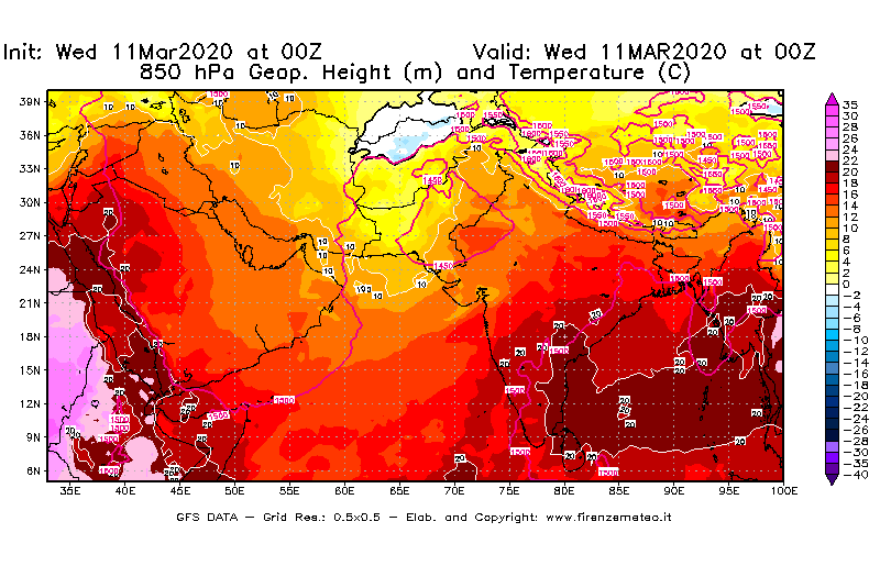 Mappa di analisi GFS - Geopotenziale [m] e Temperatura [°C] a 850 hPa in Asia Sud-Occidentale
							del 11/03/2020 00 <!--googleoff: index-->UTC<!--googleon: index-->