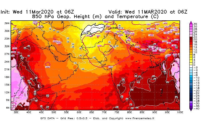 Mappa di analisi GFS - Geopotenziale [m] e Temperatura [°C] a 850 hPa in Asia Sud-Occidentale
							del 11/03/2020 06 <!--googleoff: index-->UTC<!--googleon: index-->
