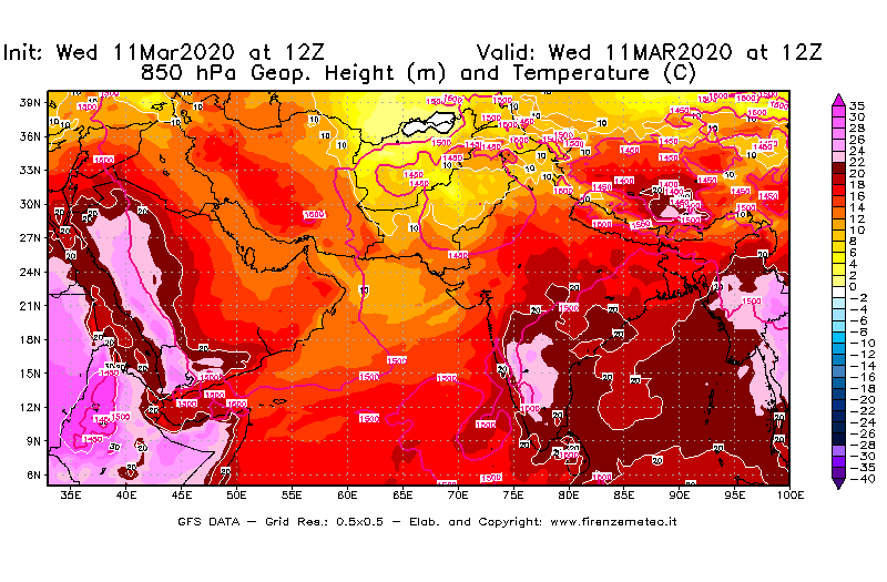 Mappa di analisi GFS - Geopotenziale [m] e Temperatura [°C] a 850 hPa in Asia Sud-Occidentale
							del 11/03/2020 12 <!--googleoff: index-->UTC<!--googleon: index-->