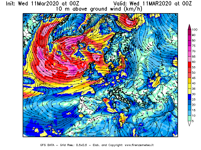 Mappa di analisi GFS - Velocità del vento a 10 metri dal suolo [km/h] in Europa
							del 11/03/2020 00 <!--googleoff: index-->UTC<!--googleon: index-->