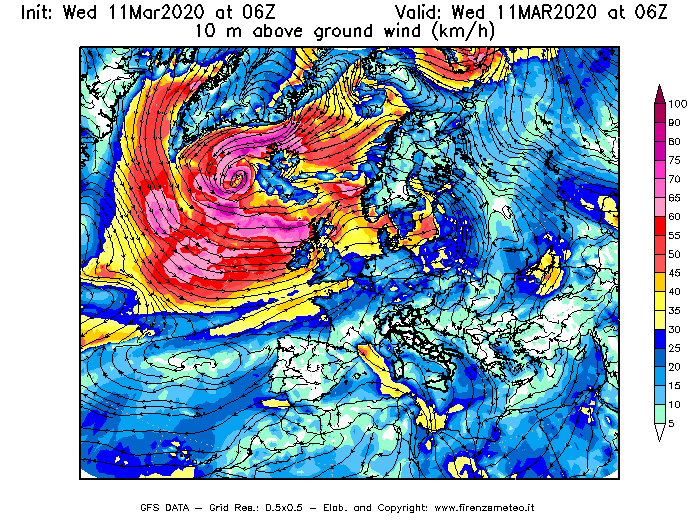 Mappa di analisi GFS - Velocità del vento a 10 metri dal suolo [km/h] in Europa
							del 11/03/2020 06 <!--googleoff: index-->UTC<!--googleon: index-->