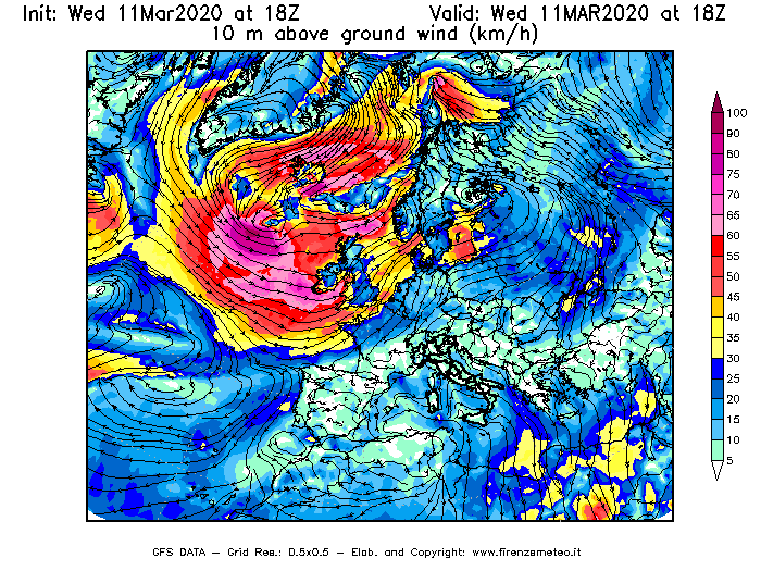 Mappa di analisi GFS - Velocità del vento a 10 metri dal suolo [km/h] in Europa
							del 11/03/2020 18 <!--googleoff: index-->UTC<!--googleon: index-->