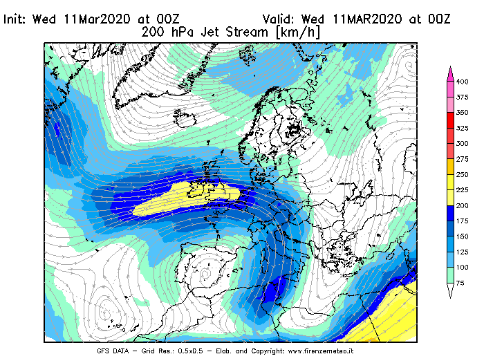 Mappa di analisi GFS - Jet Stream a 200 hPa in Europa
							del 11/03/2020 00 <!--googleoff: index-->UTC<!--googleon: index-->