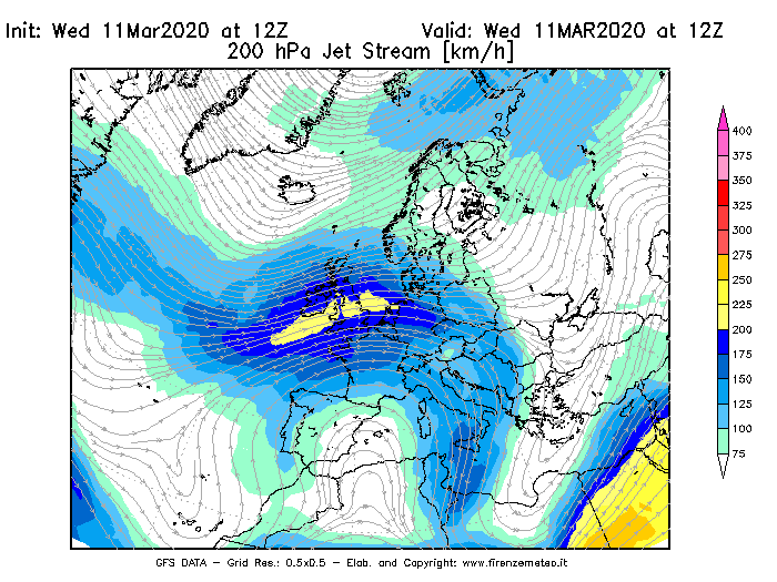 Mappa di analisi GFS - Jet Stream a 200 hPa in Europa
							del 11/03/2020 12 <!--googleoff: index-->UTC<!--googleon: index-->