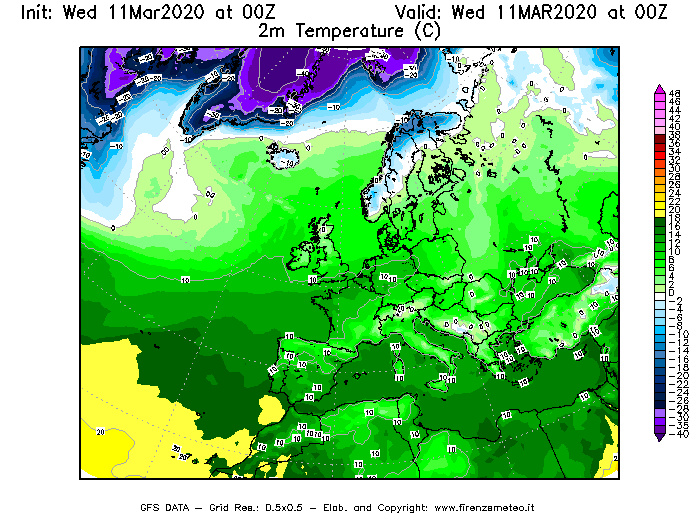 Mappa di analisi GFS - Temperatura a 2 metri dal suolo [°C] in Europa
							del 11/03/2020 00 <!--googleoff: index-->UTC<!--googleon: index-->