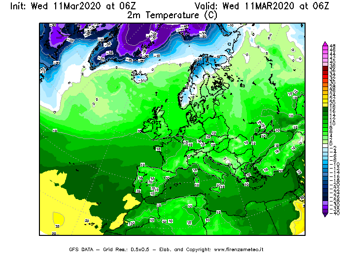 Mappa di analisi GFS - Temperatura a 2 metri dal suolo [°C] in Europa
							del 11/03/2020 06 <!--googleoff: index-->UTC<!--googleon: index-->