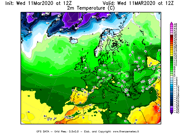 Mappa di analisi GFS - Temperatura a 2 metri dal suolo [°C] in Europa
							del 11/03/2020 12 <!--googleoff: index-->UTC<!--googleon: index-->