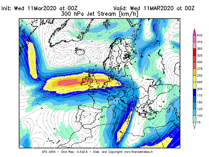 Mappa di analisi GFS - Jet Stream a 300 hPa in Europa
							del 11/03/2020 00 <!--googleoff: index-->UTC<!--googleon: index-->