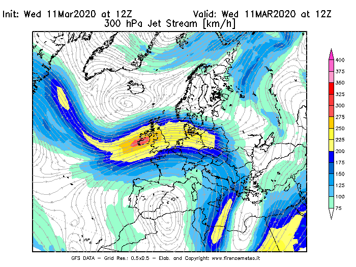 Mappa di analisi GFS - Jet Stream a 300 hPa in Europa
							del 11/03/2020 12 <!--googleoff: index-->UTC<!--googleon: index-->
