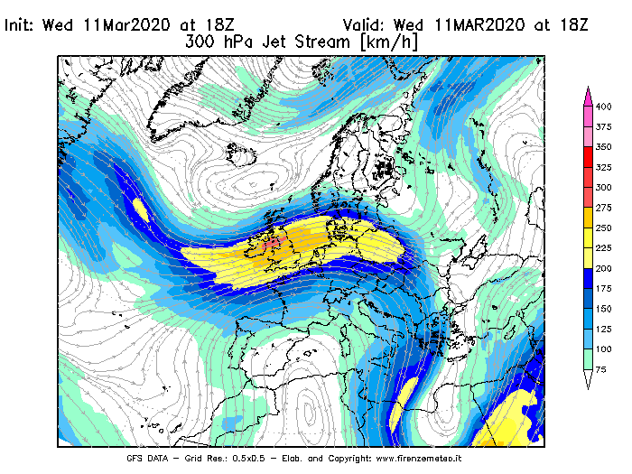 Mappa di analisi GFS - Jet Stream a 300 hPa in Europa
							del 11/03/2020 18 <!--googleoff: index-->UTC<!--googleon: index-->
