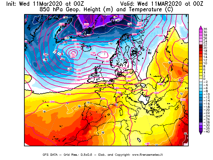 Mappa di analisi GFS - Geopotenziale [m] e Temperatura [°C] a 850 hPa in Europa
							del 11/03/2020 00 <!--googleoff: index-->UTC<!--googleon: index-->