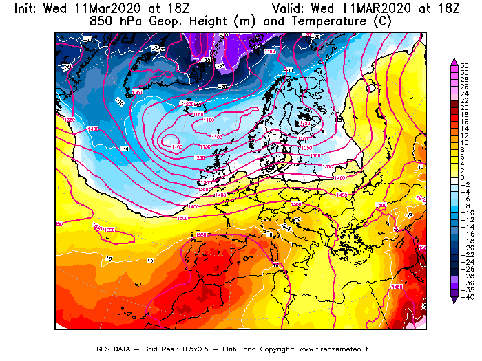 Mappa di analisi GFS - Geopotenziale [m] e Temperatura [°C] a 850 hPa in Europa
							del 11/03/2020 18 <!--googleoff: index-->UTC<!--googleon: index-->