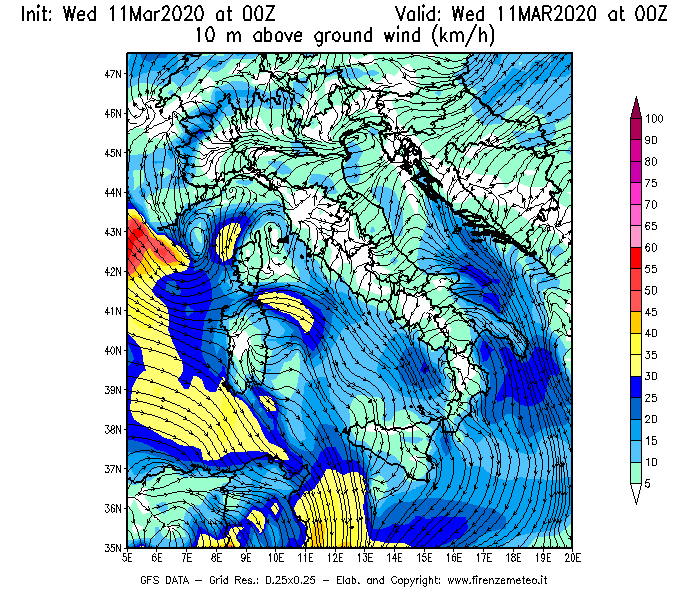 Mappa di analisi GFS - Velocità del vento a 10 metri dal suolo [km/h] in Italia
							del 11/03/2020 00 <!--googleoff: index-->UTC<!--googleon: index-->