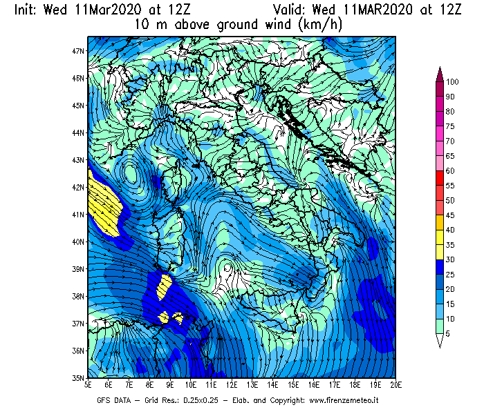 Mappa di analisi GFS - Velocità del vento a 10 metri dal suolo [km/h] in Italia
							del 11/03/2020 12 <!--googleoff: index-->UTC<!--googleon: index-->