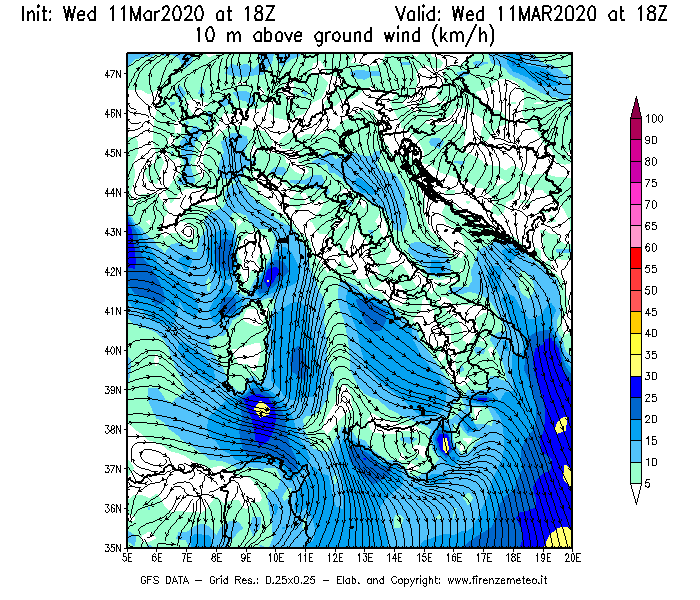 Mappa di analisi GFS - Velocità del vento a 10 metri dal suolo [km/h] in Italia
							del 11/03/2020 18 <!--googleoff: index-->UTC<!--googleon: index-->