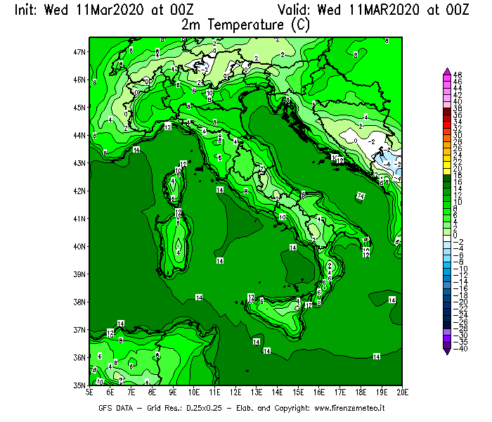 Mappa di analisi GFS - Temperatura a 2 metri dal suolo [°C] in Italia
							del 11/03/2020 00 <!--googleoff: index-->UTC<!--googleon: index-->