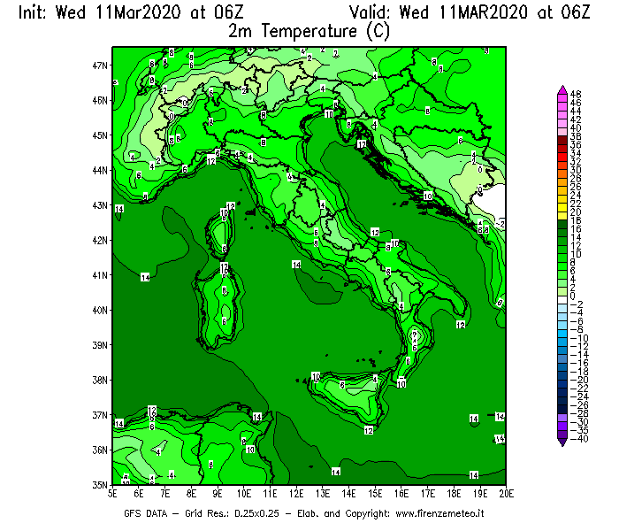 Mappa di analisi GFS - Temperatura a 2 metri dal suolo [°C] in Italia
							del 11/03/2020 06 <!--googleoff: index-->UTC<!--googleon: index-->