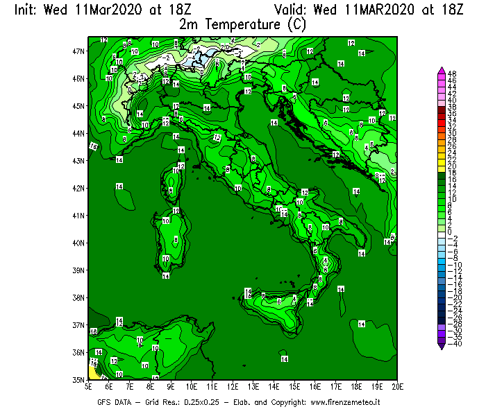 Mappa di analisi GFS - Temperatura a 2 metri dal suolo [°C] in Italia
							del 11/03/2020 18 <!--googleoff: index-->UTC<!--googleon: index-->