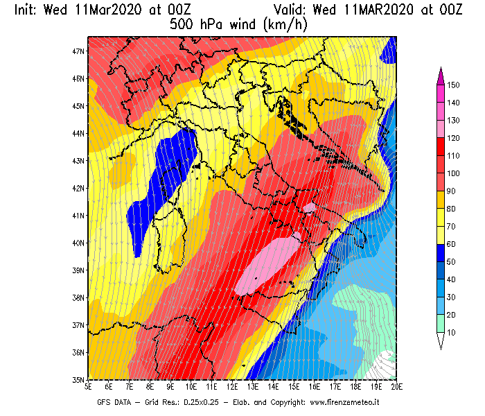 Mappa di analisi GFS - Velocità del vento a 500 hPa [km/h] in Italia
							del 11/03/2020 00 <!--googleoff: index-->UTC<!--googleon: index-->