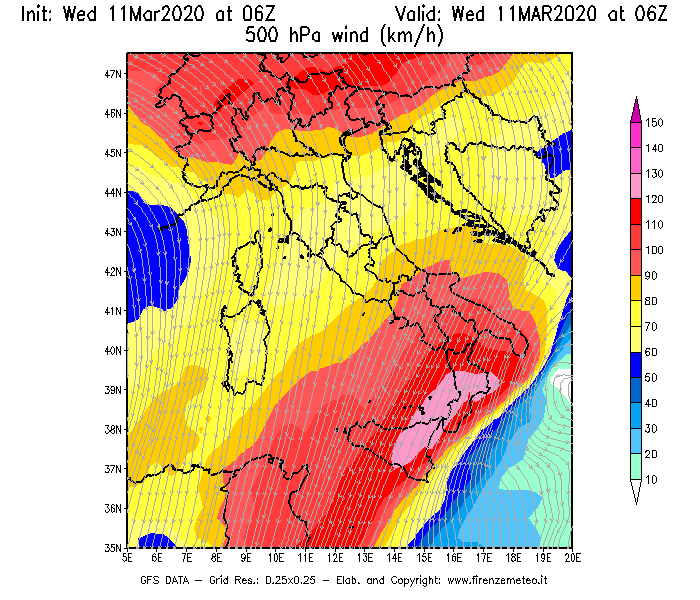 Mappa di analisi GFS - Velocità del vento a 500 hPa [km/h] in Italia
							del 11/03/2020 06 <!--googleoff: index-->UTC<!--googleon: index-->