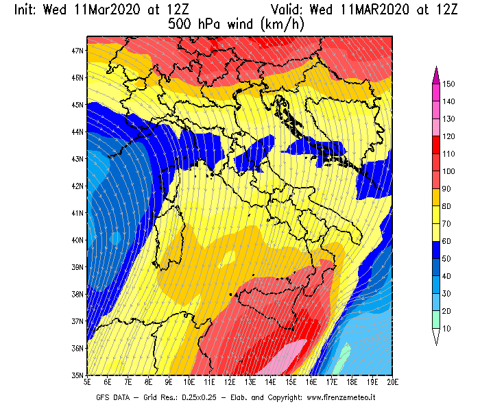 Mappa di analisi GFS - Velocità del vento a 500 hPa [km/h] in Italia
							del 11/03/2020 12 <!--googleoff: index-->UTC<!--googleon: index-->