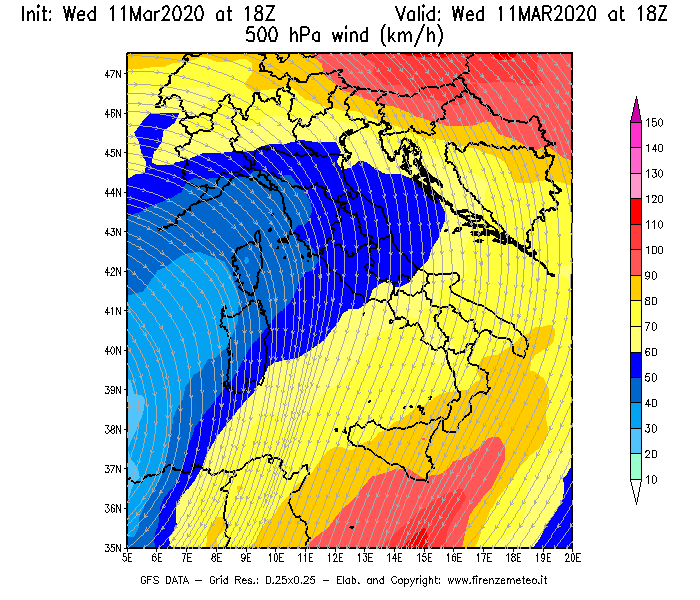 Mappa di analisi GFS - Velocità del vento a 500 hPa [km/h] in Italia
							del 11/03/2020 18 <!--googleoff: index-->UTC<!--googleon: index-->