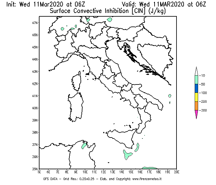 Mappa di analisi GFS - CIN [J/kg] in Italia
							del 11/03/2020 06 <!--googleoff: index-->UTC<!--googleon: index-->