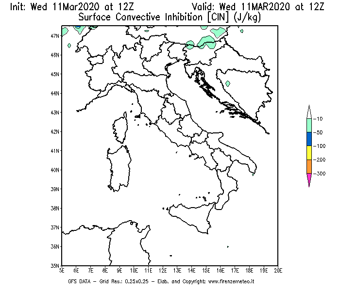 Mappa di analisi GFS - CIN [J/kg] in Italia
							del 11/03/2020 12 <!--googleoff: index-->UTC<!--googleon: index-->