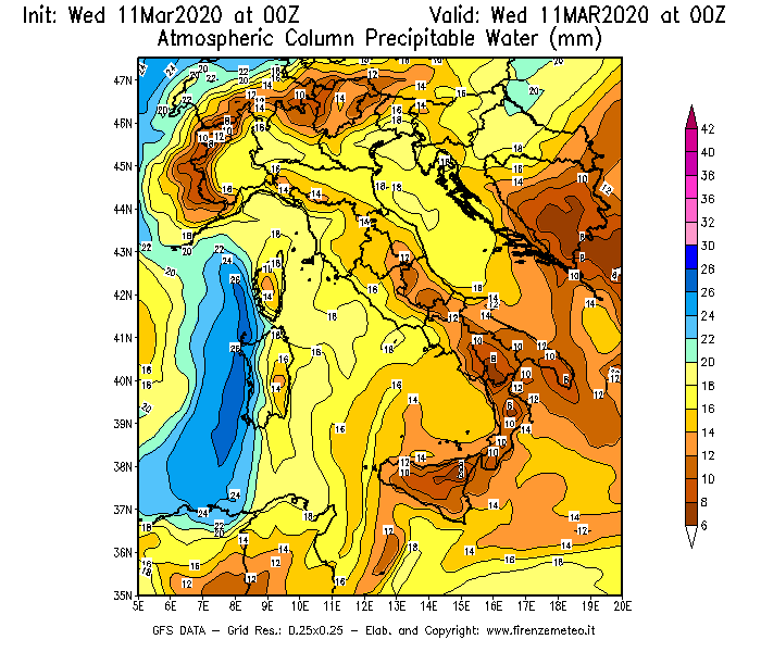 Mappa di analisi GFS - Precipitable Water [mm] in Italia
							del 11/03/2020 00 <!--googleoff: index-->UTC<!--googleon: index-->