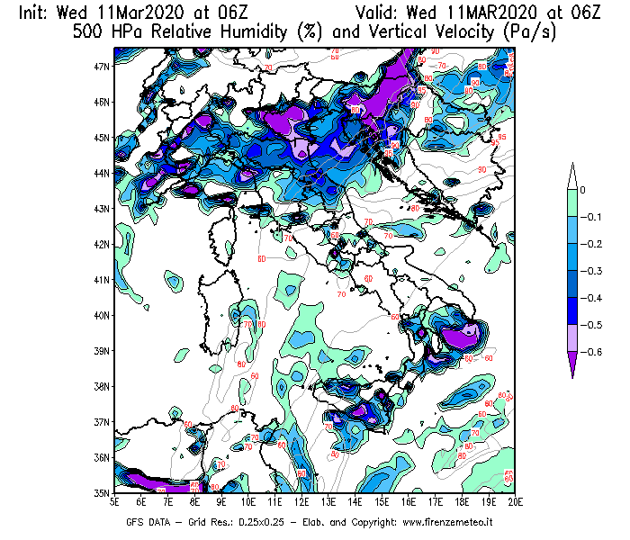 Mappa di analisi GFS - Umidità relativa [%] e Omega [Pa/s] a 500 hPa in Italia
							del 11/03/2020 06 <!--googleoff: index-->UTC<!--googleon: index-->