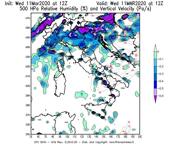 Mappa di analisi GFS - Umidità relativa [%] e Omega [Pa/s] a 500 hPa in Italia
							del 11/03/2020 12 <!--googleoff: index-->UTC<!--googleon: index-->