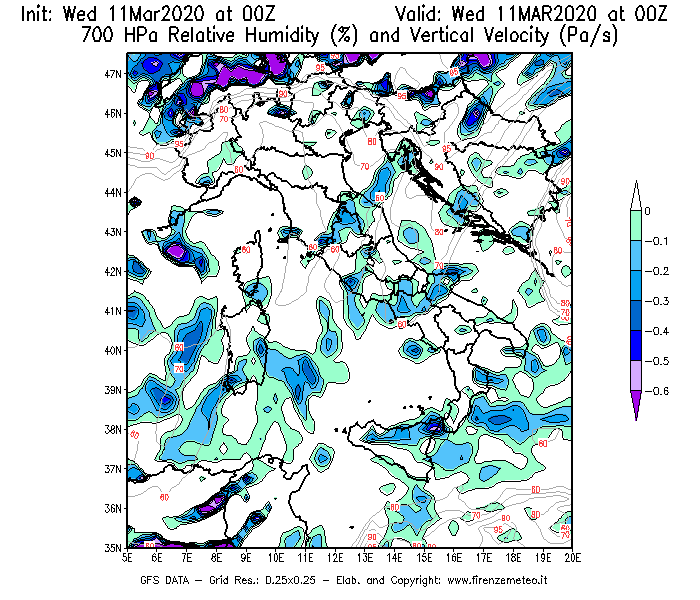 Mappa di analisi GFS - Umidità relativa [%] e Omega [Pa/s] a 700 hPa in Italia
							del 11/03/2020 00 <!--googleoff: index-->UTC<!--googleon: index-->