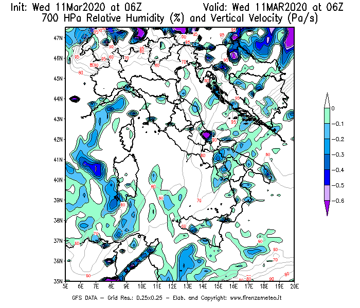 Mappa di analisi GFS - Umidità relativa [%] e Omega [Pa/s] a 700 hPa in Italia
							del 11/03/2020 06 <!--googleoff: index-->UTC<!--googleon: index-->