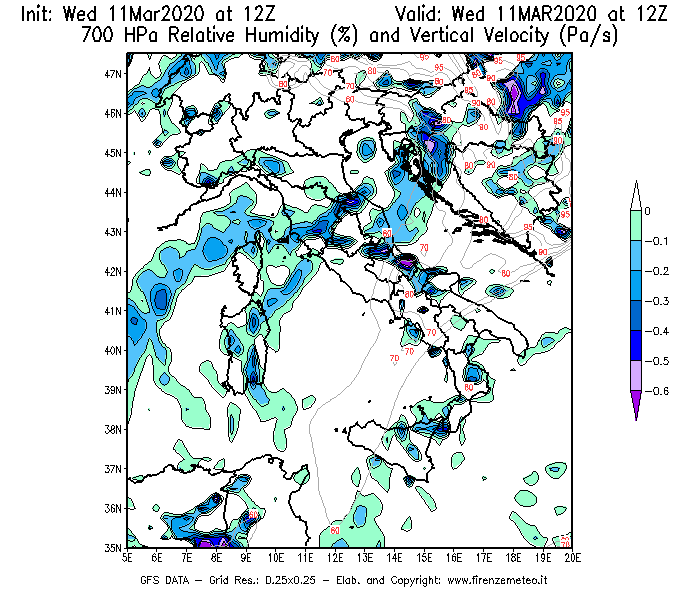 Mappa di analisi GFS - Umidità relativa [%] e Omega [Pa/s] a 700 hPa in Italia
							del 11/03/2020 12 <!--googleoff: index-->UTC<!--googleon: index-->