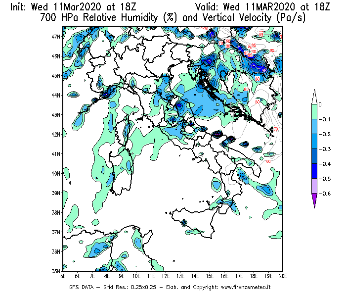 Mappa di analisi GFS - Umidità relativa [%] e Omega [Pa/s] a 700 hPa in Italia
							del 11/03/2020 18 <!--googleoff: index-->UTC<!--googleon: index-->