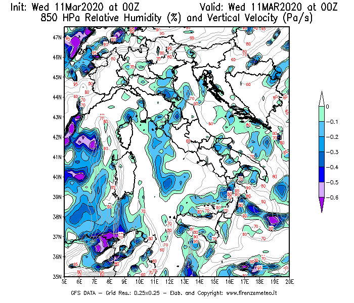 Mappa di analisi GFS - Umidità relativa [%] e Omega [Pa/s] a 850 hPa in Italia
							del 11/03/2020 00 <!--googleoff: index-->UTC<!--googleon: index-->