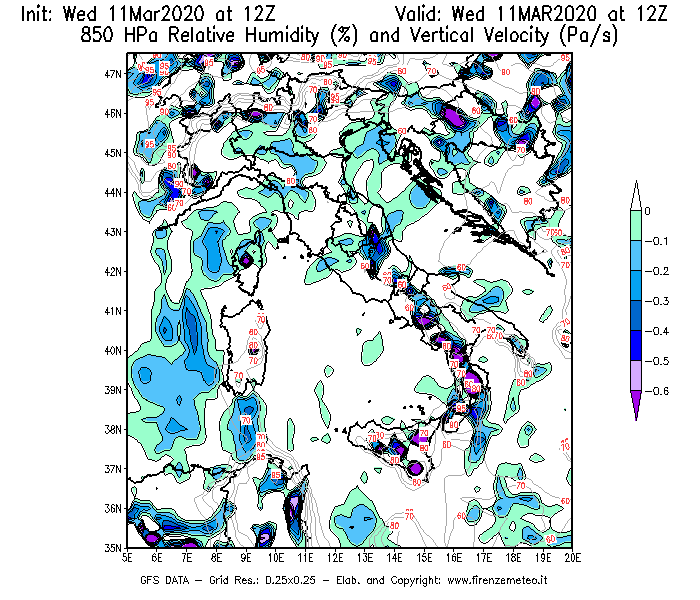 Mappa di analisi GFS - Umidità relativa [%] e Omega [Pa/s] a 850 hPa in Italia
							del 11/03/2020 12 <!--googleoff: index-->UTC<!--googleon: index-->
