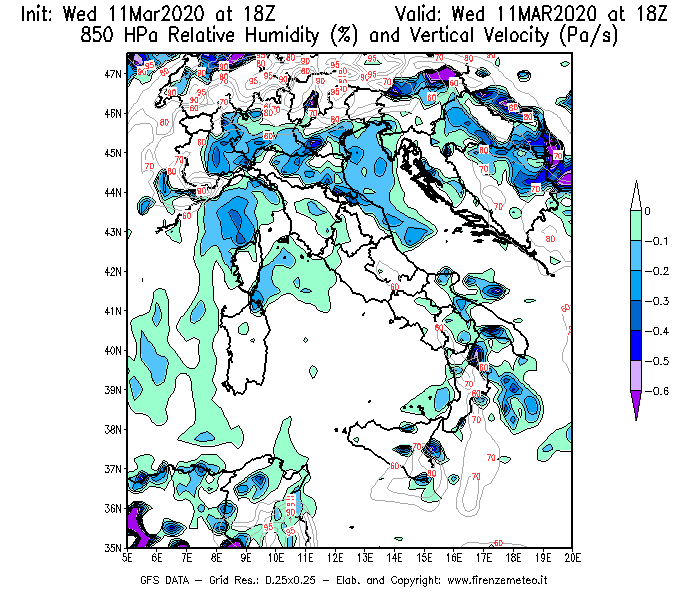 Mappa di analisi GFS - Umidità relativa [%] e Omega [Pa/s] a 850 hPa in Italia
							del 11/03/2020 18 <!--googleoff: index-->UTC<!--googleon: index-->