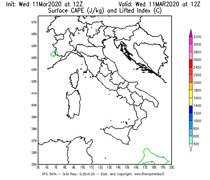 Mappa di analisi GFS - CAPE [J/kg] e Lifted Index [°C] in Italia
							del 11/03/2020 12 <!--googleoff: index-->UTC<!--googleon: index-->