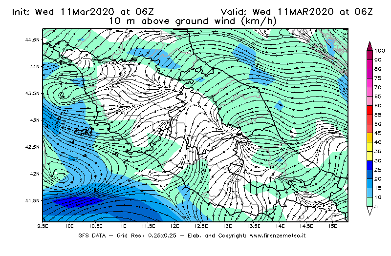 Mappa di analisi GFS - Velocità del vento a 10 metri dal suolo [km/h] in Centro-Italia
							del 11/03/2020 06 <!--googleoff: index-->UTC<!--googleon: index-->