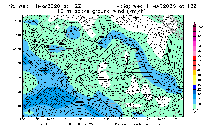 Mappa di analisi GFS - Velocità del vento a 10 metri dal suolo [km/h] in Centro-Italia
							del 11/03/2020 12 <!--googleoff: index-->UTC<!--googleon: index-->