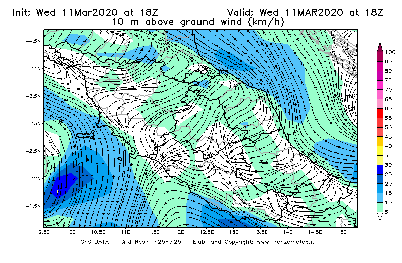 Mappa di analisi GFS - Velocità del vento a 10 metri dal suolo [km/h] in Centro-Italia
							del 11/03/2020 18 <!--googleoff: index-->UTC<!--googleon: index-->