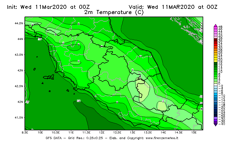 Mappa di analisi GFS - Temperatura a 2 metri dal suolo [°C] in Centro-Italia
							del 11/03/2020 00 <!--googleoff: index-->UTC<!--googleon: index-->