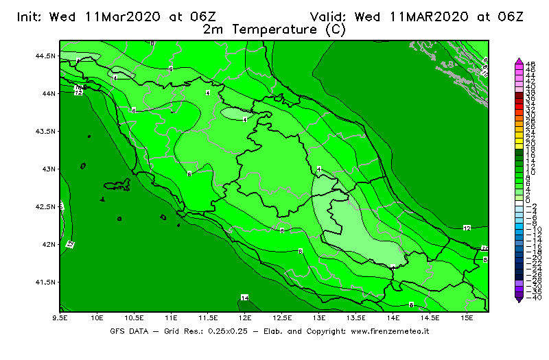 Mappa di analisi GFS - Temperatura a 2 metri dal suolo [°C] in Centro-Italia
							del 11/03/2020 06 <!--googleoff: index-->UTC<!--googleon: index-->