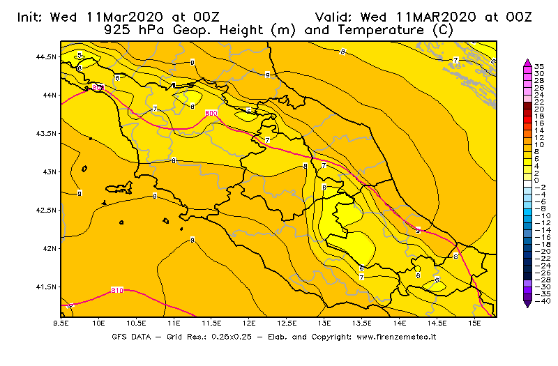 Mappa di analisi GFS - Geopotenziale [m] e Temperatura [°C] a 925 hPa in Centro-Italia
							del 11/03/2020 00 <!--googleoff: index-->UTC<!--googleon: index-->