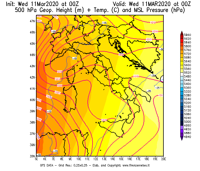 Mappa di analisi GFS - Geopotenziale [m] + Temp. [°C] a 500 hPa + Press. a livello del mare [hPa] in Italia
							del 11/03/2020 00 <!--googleoff: index-->UTC<!--googleon: index-->