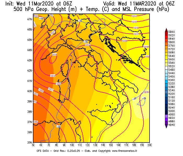 Mappa di analisi GFS - Geopotenziale [m] + Temp. [°C] a 500 hPa + Press. a livello del mare [hPa] in Italia
							del 11/03/2020 06 <!--googleoff: index-->UTC<!--googleon: index-->