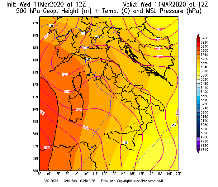 Mappa di analisi GFS - Geopotenziale [m] + Temp. [°C] a 500 hPa + Press. a livello del mare [hPa] in Italia
							del 11/03/2020 12 <!--googleoff: index-->UTC<!--googleon: index-->